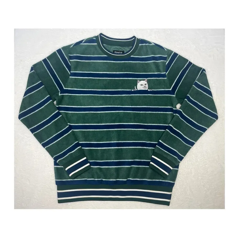 RipnDip Green Striped Long Sleeve Polar Fleece Crewneck Nermal Cat sz S Skater